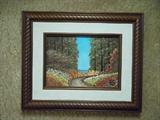 OIL PAINTING
Artist: Eugene Schmidt; Image: path through brown bark trees
Dimensions: site: 5" x 7"; frame: 9" x 11"