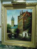 OIL PAINTING
Image: Northern European landscape with antique buildings 
Dimensions: site: 23” x 30”; frame: 33” x 39”