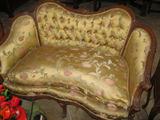 ANTIQUE SETTEE
circa early 20th Century show-frame settee in the French taste upholstered in imported gold floral silk