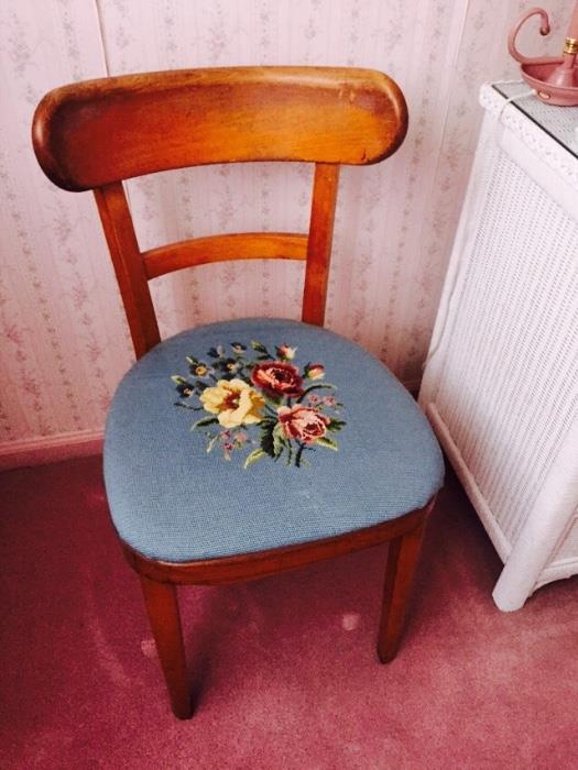 Several wonderful odd antique chairs with needlepoint 