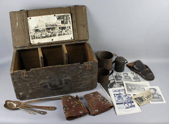 Lot 1087: SKYLINE BILL WILD WEST SHOW MEMORABILIA IN A STRAPWORK HINGED WOOD CHUCKWAGON BOX http://www.invaluable.com/catalog/searchLots.cfm?scp=c&catalogRef=XPLJMNU6G9