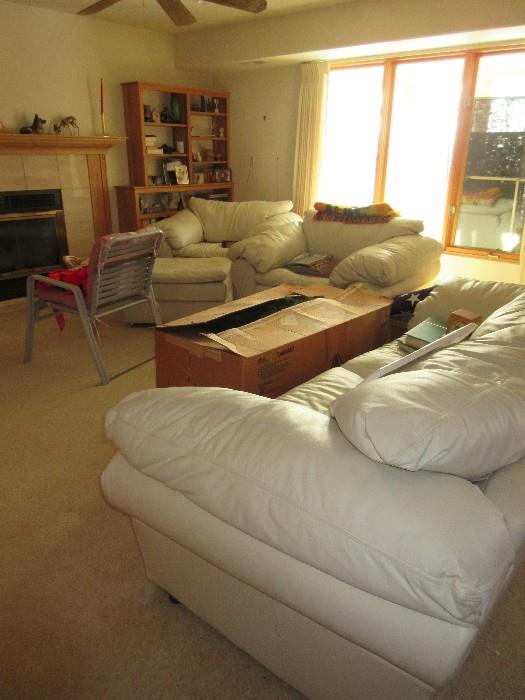 OVERSTUFFED SOFA AND CHAIRS AND OTTOMAN