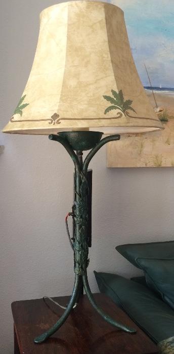 Decorated Shade on Patinated Lamp Table Base