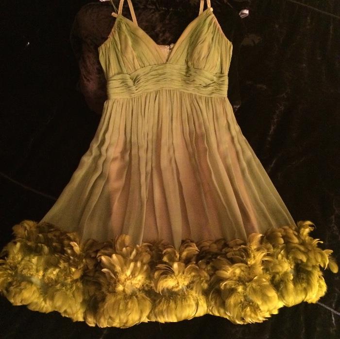 Chartreuse Chiffon Baby-Doll Dress with Feather Hem