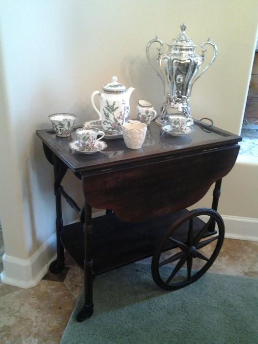 Antique tea cart with removable glass bottom serving tray
