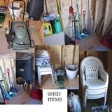 Electric mower, patio chairs, tools etc