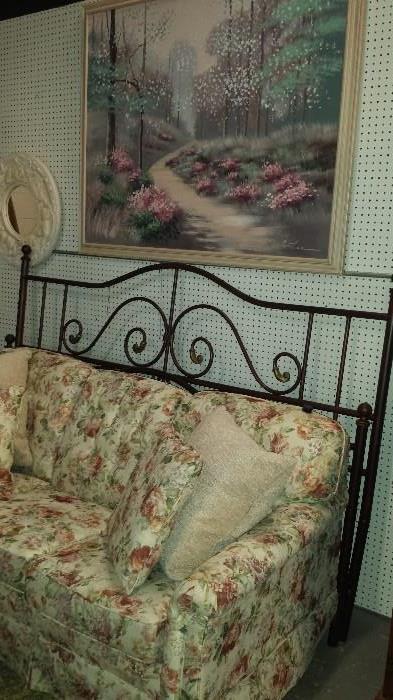 Much, much furniture. Flexsteel sofa, Metal fancy king size bed frame and wide selection of prints 