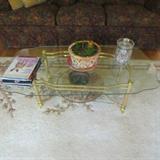 GLASS AND BRASS COCKTAIL TABLE WITH TWO MATCHING END TABLES