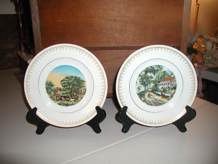 The Currier & Ives exclusively for Bing & Grondahl  Numbered all in the 740-762 range 11 plates Autumn in New England #759 The Buffalo Hunt #762 Home on the Mississippi #751 Central Park Drive #761 Clipper Ship "Flying Cloud" #752 The Sleigh race #757 The Western Farmers House #756  Yosemite Valley #754  The old Crist Mill #753 The Village Blacksmith #740 American Homestead Spring #755 