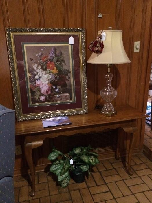  Another sofa table; framed art; one of several lamps