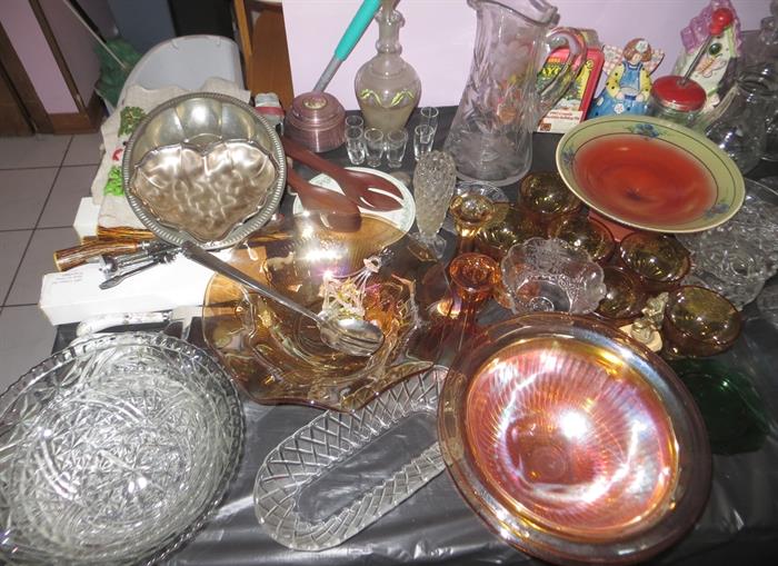 Carnival glass and many other vintage serving pieces and glass