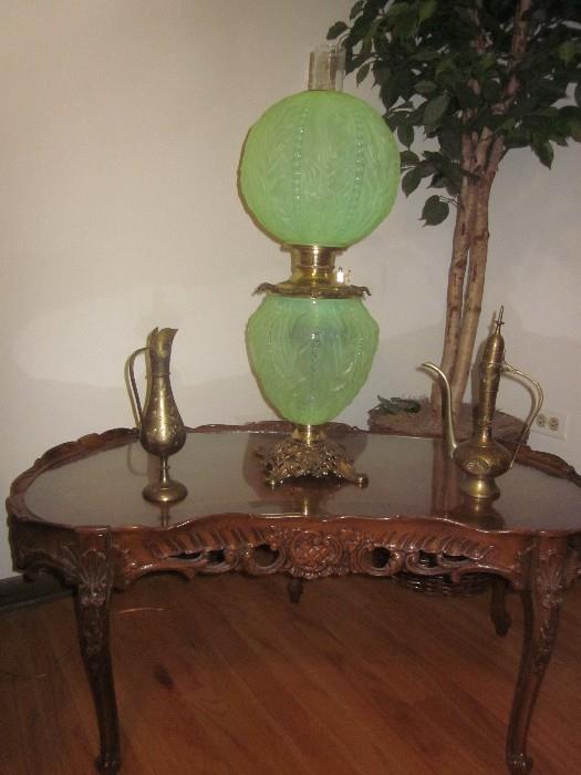 Antique kidney shaped carved coffee table, antique lamp, 