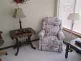 CHAIR, PARLOR TABLE, LAMPS