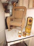 Enamel table, wicker childs chair, cans