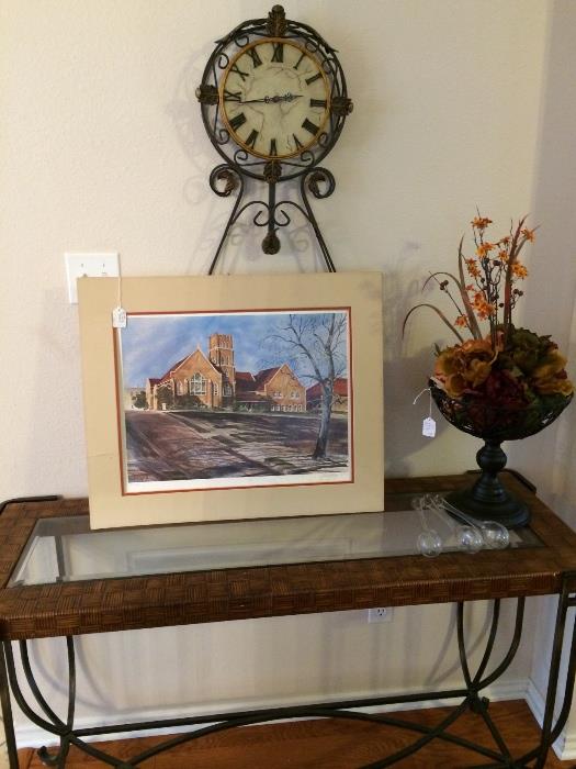 Sofa table has matching end table & coffee table; A.C. Gentry signed & numbered picture of Christ Episcopal Church (not framed)
