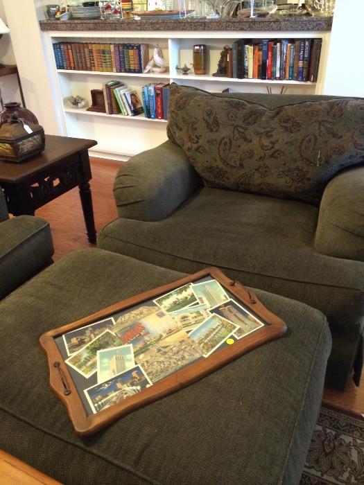 Extra comfortable chair & ottoman has matching sofa; tray with vintage post cards of Dallas