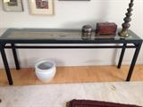Great console table with carved landscape scene under the glass