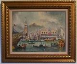 Original oil on Canvas (12" x 16") of the canals of Venice with St Mark's Campanile, the bell tower of St Mark's Basilica in Venice, Italy, located in the Piazza San Marco in a Linen Matted 3" Gilt Wood Frame
