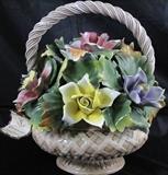 Vintage Capodimonte  Porcelain Sculpture Flower Basket Bouquet (13" x 12")