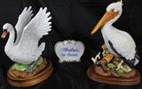 Andrea by Sadek Bisque Porcelain White Mute Swan and White Pelican Figurines. Also shown is a Porcelain Andrea by Sadek Name Plate
