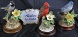 Andrea by Sadek Bisque Porcelain "Black Capped Chickadee",  "Vermillion Flycatcher" & "Mountain Bluebird"  all on a Wood Base