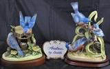Gorham Bisque Porcelain "Blue Birds" Gallery of Birds Figurine (9") on Wood Base & Andrea by Sadek Bisque Porcelain Blue Birds 10 1/2" on Wood Base