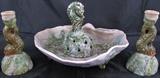 Weller RARE Find 1920's Sabrinian (4 pieces):  Koi Fish Candle Sticks,   Clam Shell (12") and Seahorse Flower Frog (6" x 4" x 3")