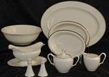 Montclair by Lenox China Serving Pieces: 16" Oval Platter, 9" Oval Vegetable, 8" Oval Vegetable, 9" Round Vegetable Bowl, Gravy w/Attached Under Plate, Sugar Bowl w/Lid and Creamer.  Lenox Solitaire "Baronet"  Salt & Pepper Shakers 