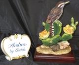 Andrea by Sadek Bisque Porcelain "Cactus Wren" 8" on Wood Base