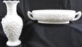 Imperial Glass Co. "Loganberry" 6 1/2" Milk Glass Vase and "Grape" Pickle Dish