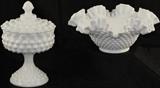 Fenton Milk Glass Hobnail Compote w/Lid and Fenton 10" Crimped Edge Bowl