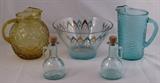 A Collection of Vintage Kitchen Glass Ware: Anchor Hocking "Lido" Pattern Amber Pitcher, Mid-Century  Culver Glass Atomic Retro Salad Bowl with a Boomerang Design, Anchor Hocking Soreno Pattern  Aqua Pitcher and an Aqua Cruet Set