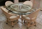 White Washed Oak Base Oval Glass Top Table (60 L x 44"D) with 4 Matching Arm Chairs on Casters