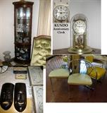 Corner curio - Kundo Anniversary clock - wood masks - Retro chairs