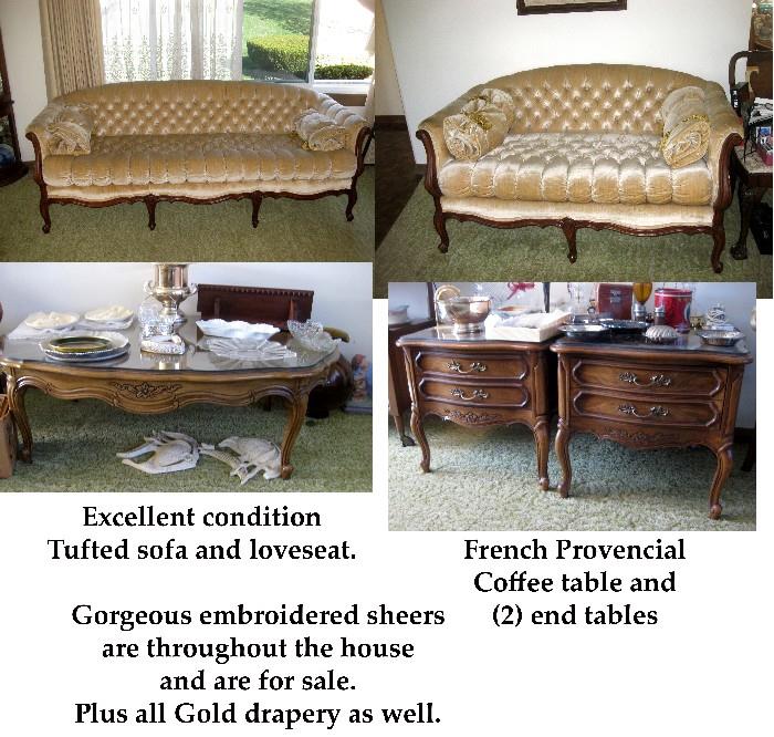 French Provincial sofa, settee, coffee and end tables.