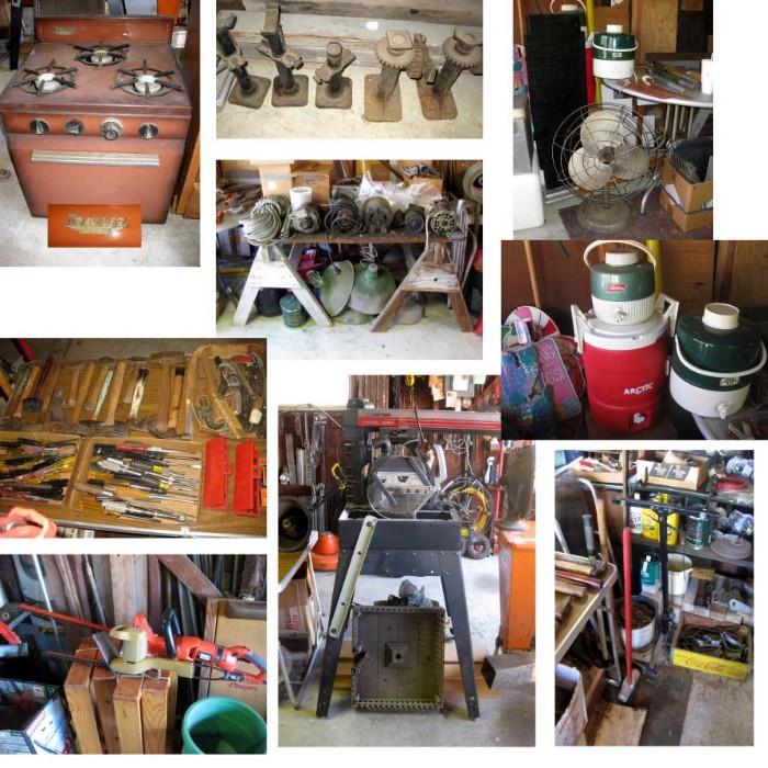 Travel stove by Ward - hand tools - Craftsman radial saw - coolers - weed wackers - motors - fan - jacks etc.