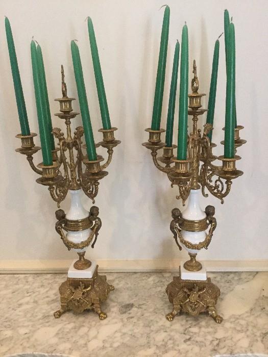 Pair of 20th C. Decorative Louis XV Style Bronze and Porcelain Candelabra