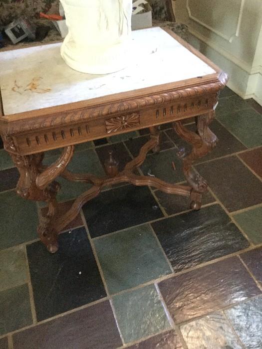 Carved Wood Marble Top Occasional Stand 