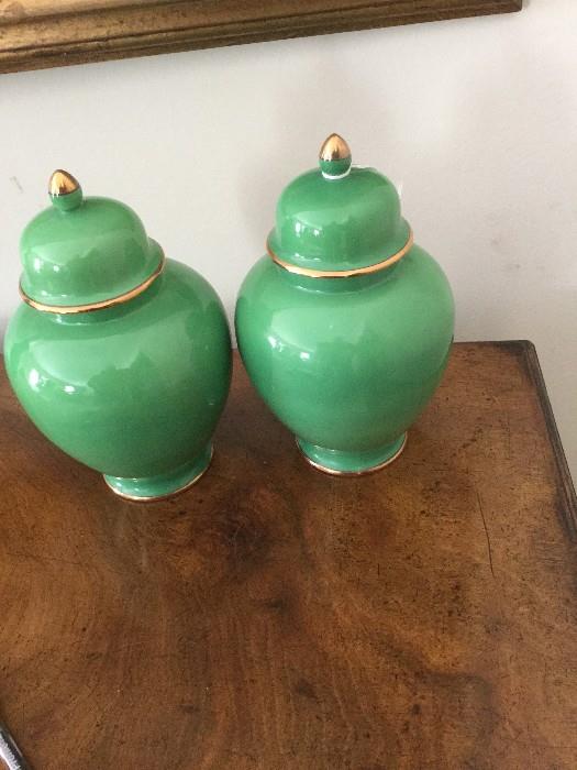 Pair Apple Green Lidded Jars