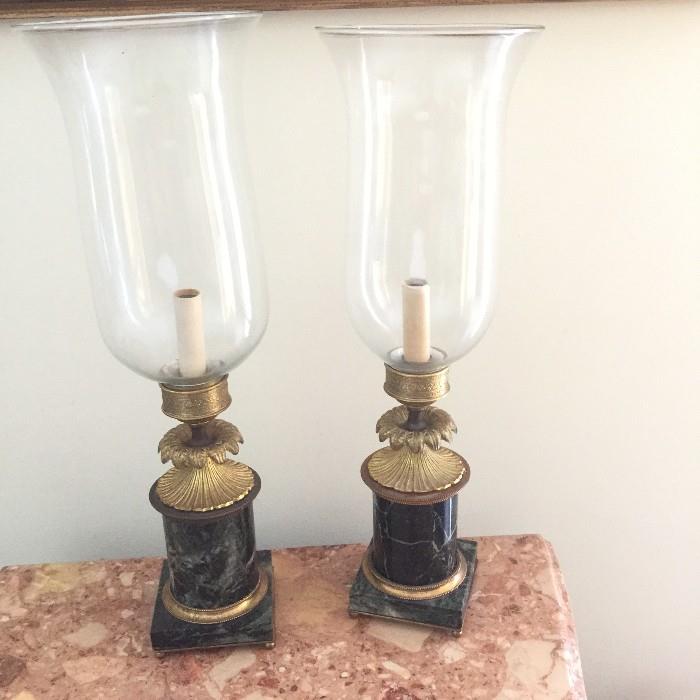 Pair Marble and Bronze Hurricane Lamps