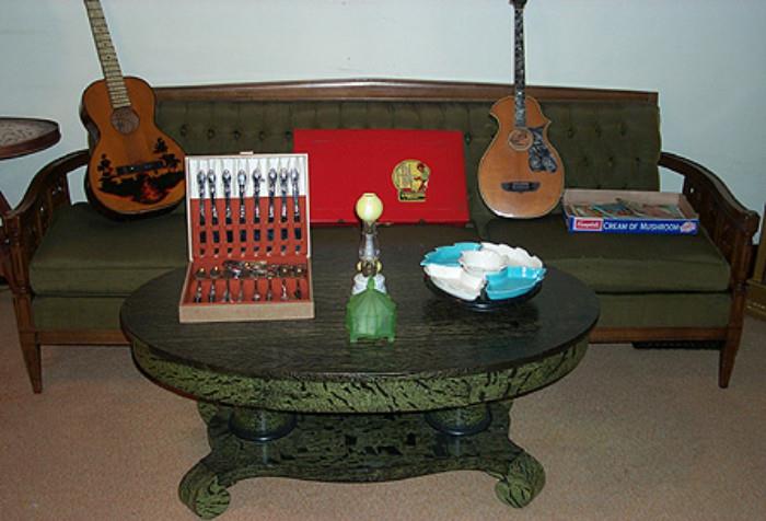 Sofa, Coffee table, Erector set, guitars, 1 of 2 sets of silverware