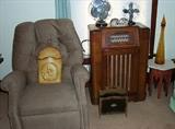 Recliner, Philco console radio, vintage fans, etc...