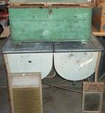 Washtubs, washboards & green primitive chest
