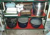 Green metal shelf w/ enamelware, etc...