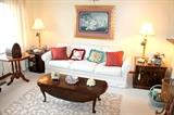 Upholstered sofa, coffee table, end tables