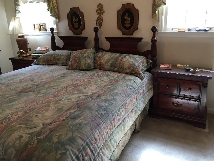 King Size Bed.  two end tables, dresser and mirror.