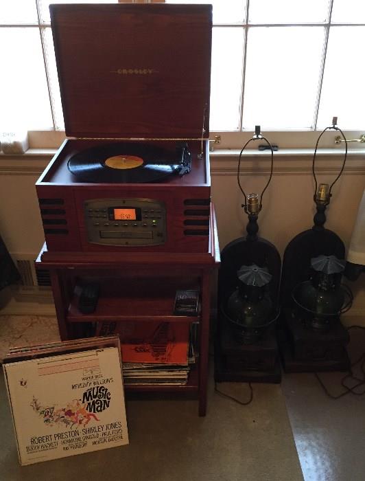 Newer Crosley Record Player, Radio, Cassette, DVD, etc.   Lamps,  Small Table, record album