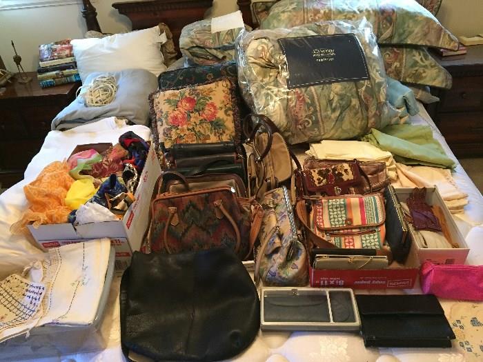 Bedding for King Size Bed.  Pocket Books and Handbags, Aigner, Fossill, SAS.  Dual Control King Size Electric Blanket, Box of Scarfs, Doilies and dresser scarfs. 