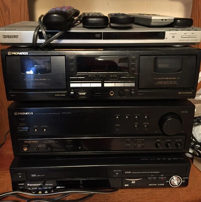 Vintage Pioneer Stereo Audio Video stereo receiver VSX-305, Stereo Double Cassette Deck CT-W 604RS, Sony DVD Player, VHS/DVD Player