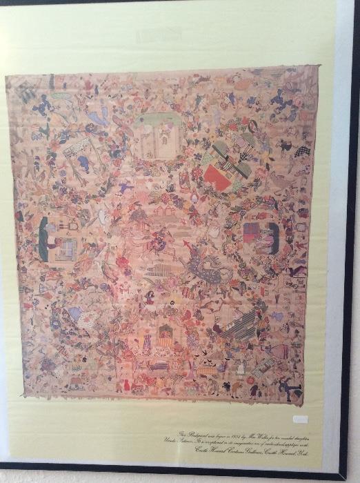 This bedspread was begun in 1938 by  Mrs.Wallis for her invalid daughter Ursula Patience. It is exceptional in its imaginative use of embroidered,applique work.